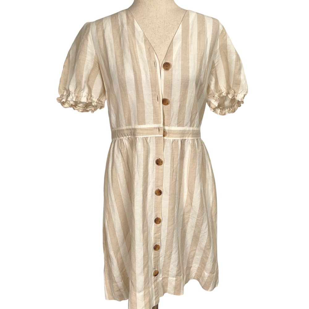 LOFT Dress Women 8 Beige Tan Stripe Shirt‎ Linen Midi Casual Coastal Summer Boho